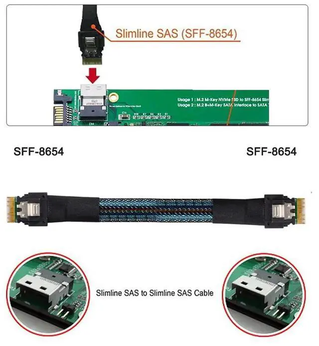 Alt view image 7 of 7 - JAENFONG SFF-8654 Male to SFF-8654 Male PCI-E Slimline SAS 4.0 SFF-8654 4i 38 Pin Host to SFF-8654 Slim SAS Target Cable 50cm