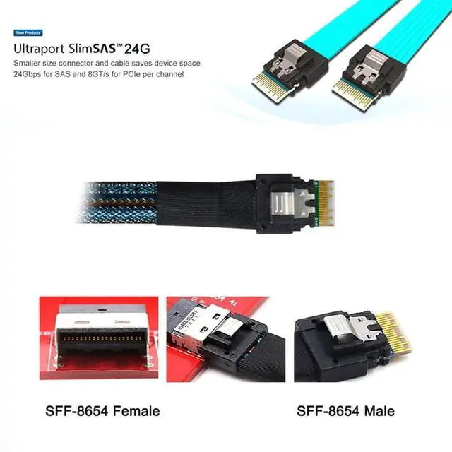 Alt view image 3 of 7 - JAENFONG SFF-8654 Male to SFF-8654 Male PCI-E Slimline SAS 4.0 SFF-8654 4i 38 Pin Host to SFF-8654 Slim SAS Target Cable 50cm