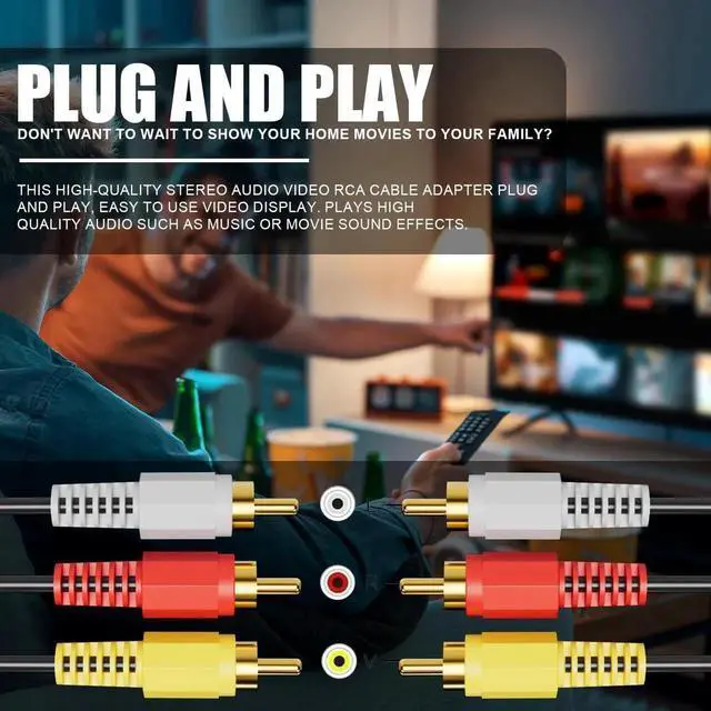 Alt view image 3 of 6 - RCA Cables, 3RCA Cable Audio Video 24K Gold Plated Connecting Audio Video Components AV Male to Male Cable for Home Theater amp, Stereo Systems (5ft-1pcs)