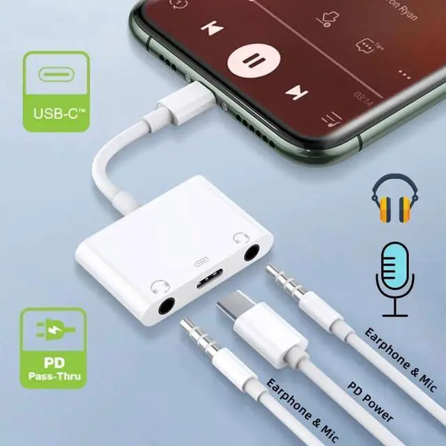 Alt view image 6 of 7 - Type C USB-C to Dual 3.5mm Audio AUX & MIC Sound Card with PD Power Charge Adapter Compatible with Laptop Tablet Phone