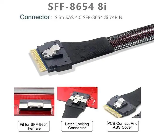 Alt view image 2 of 7 - JAENFONG PCI-E Slimline SAS 4.0 SFF-8654 8i 74pin Host to SFF-8654 74Pin Slim SAS Target Cable 50cm