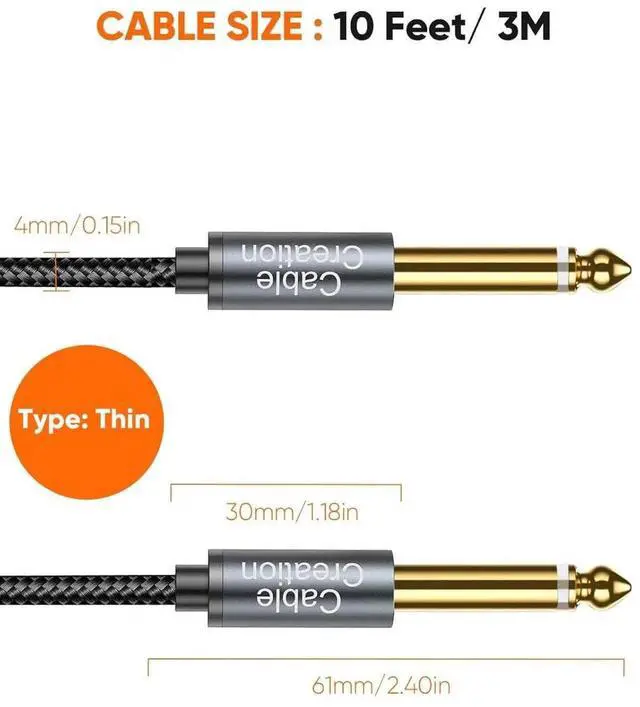 Alt view image 6 of 7 - 1/4 Instrument Guitar Cable (10FT/3M), Nylon Braid 6.35mm TS Straight Male to Male for Electric Guitar, Bass, Keyboard, Mixer, Amplifier, Amp, Speaker, Equalizer