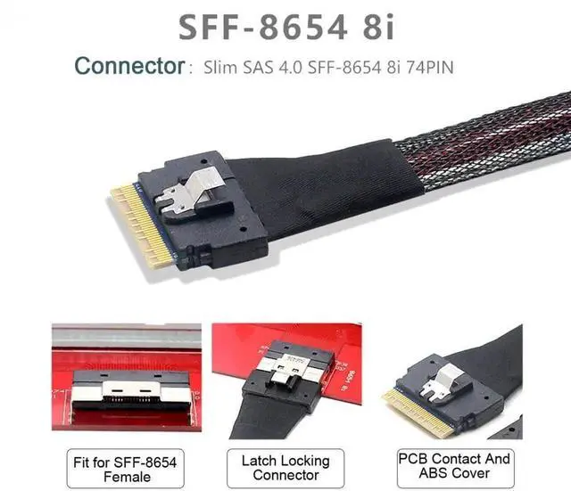 Alt view image 3 of 6 - JAENFONG PCI-E 5.0 Mini Cool Edge IO MCIO 74Pin to SFF-8654 8i 74Pin Slimline SAS 4.0 24 Gbps Extension Cable 50cm
