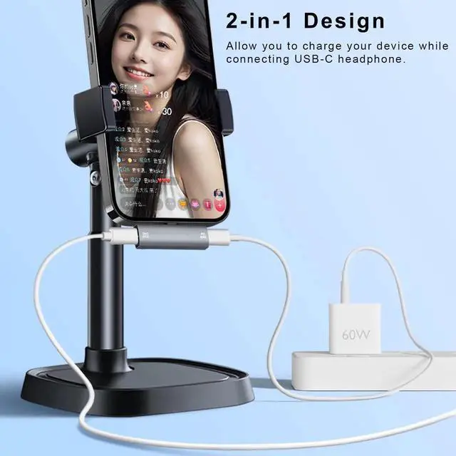 Alt view image 2 of 6 - Dual USB C Headphone and Charger Adapter, 2-in-1 USB Type C Audio Jack with PD 60W Fast Charging Splitter Dongle for iPhone 15/16 Series, iPad, Galaxy, Note, Pixel and More