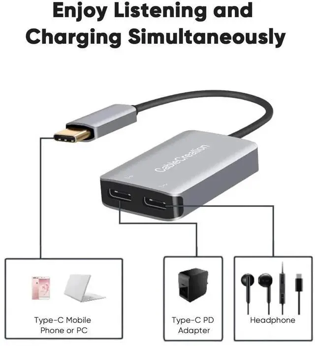 Alt view image 2 of 7 - USB Type C Splitter, 2-in-1 USB C Audio Adapter and PD Fast Charging, Type C Aux Dongle Compatible with iPad, MacBook, iPhone 16 15 Pro Max Plus, Galaxy S24/S23/S22+, Pixel 9/8/7+, Grey