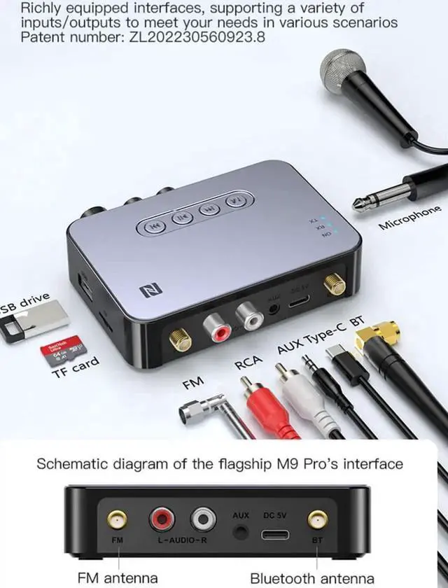 Main image of 4-in-1 Bluetooth 5.1 Transmitter Receiver for TV Wireless Bluetooth Adapter with Optical AUX RCA 6.5 Mic Connection, Low Latency NFC Audio Adapter with FM Radio Simultaneously for Home Party KTV