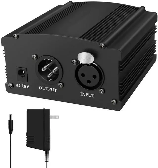 Main image of 48V Phantom Power Supply, 1-Channel Design with Adapter, Compatible with Any Condenser Microphones, Ideal for Professional Music Recording and Studio Use, Black