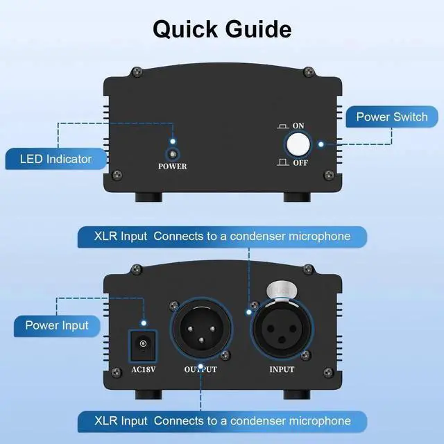 Alt view image 6 of 7 - 48V Phantom Power Supply, 1-Channel Design with Adapter, Compatible with Any Condenser Microphones, Ideal for Professional Music Recording and Studio Use, Black