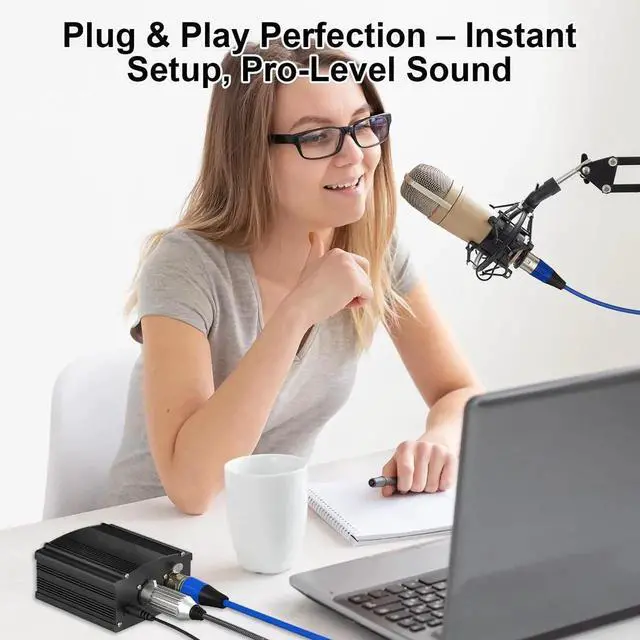 Alt view image 5 of 7 - 48V Phantom Power Supply, 1-Channel Design with Adapter, Compatible with Any Condenser Microphones, Ideal for Professional Music Recording and Studio Use, Black