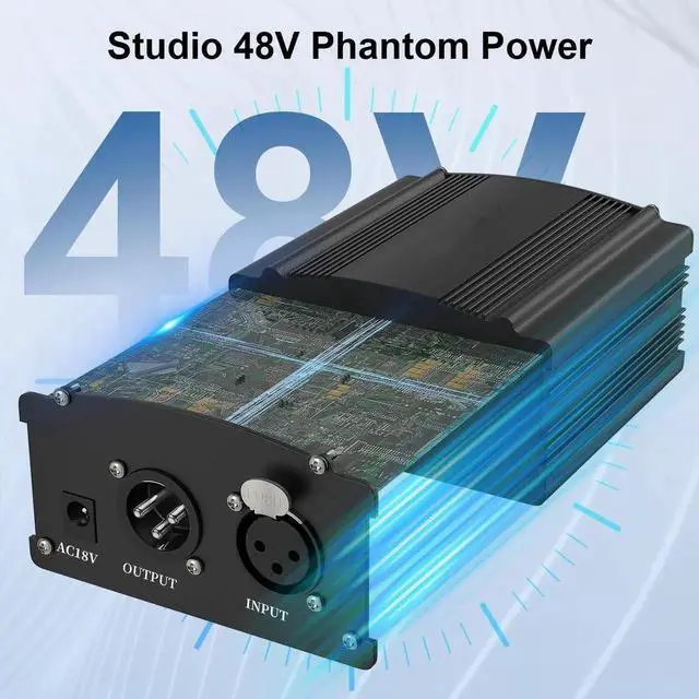 Alt view image 2 of 7 - 48V Phantom Power Supply, 1-Channel Design with Adapter, Compatible with Any Condenser Microphones, Ideal for Professional Music Recording and Studio Use, Black