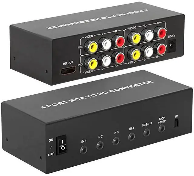 Main image of 4 Port AV to HDMI Converter 1080P, Fit for RCA/Composite/CVBS to HDMI Converter Adapter, Support 16:9/4:3 Switch, Compatible with Wii N64 PS1 PS2 PS3 VHS VCR DVD Players etc (with Remote)