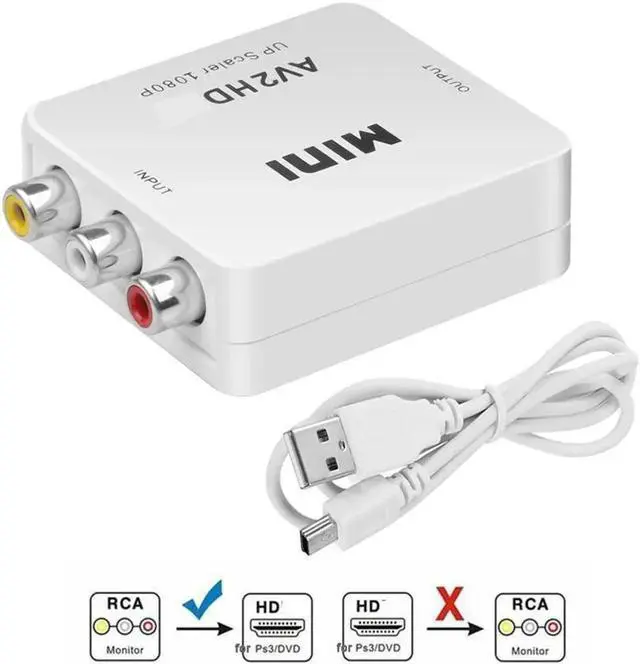 Main image of RCA to HDMI Converter, 1080P AV to HDMI RCA Composite CVBS Video Audio Converter Adapter Supporting PAL/NTSC for Xbox/PS2/Wii/SNES/N64/VHS/VCR/DVD (White)