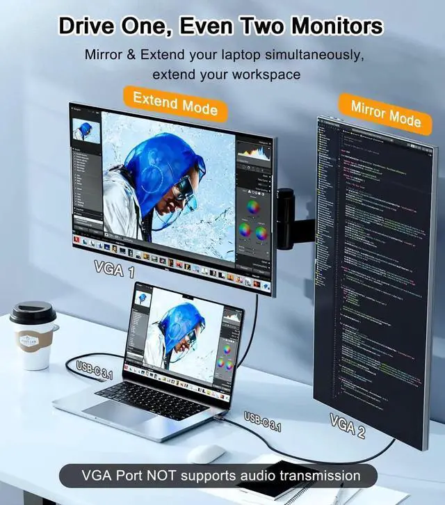 Alt view image 2 of 7 - JAENFONG 2 Pack USB C to VGA Cable 6FT, 1080P@60Hz USB Type C to VGA Adapter Video Converter [Thunderbolt 3/4 Compatible] with MacBook Air, iPad Pro, iPhone 15/16, iMac, XPS, Surface etc-Gold-Plated