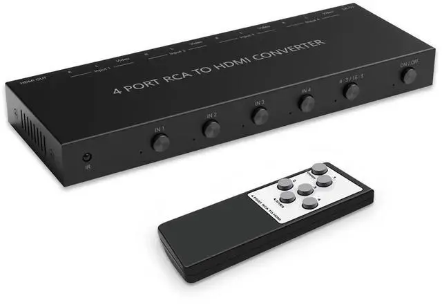 Alt view image 2 of 6 - 4 Port RCA to HDMI Converter 1080P/720P RCA Composite CVBS AV Switch to HDMI Converter Adapter Support 4:3/16:9 Switch, for Sega Xbox PS1 PS2 PS3 N64 NGC SNES WII VHS VCR Camera DVD(With Remote