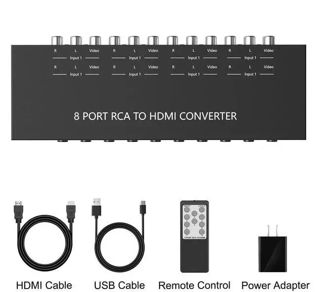 Alt view image 6 of 7 - 8 Port RCA to HDMI Converter 1080P/720P RCA Composite CVBS AV Switch to HDMI Converter Adapter Support 4:3/16:9 Switch, for Sega Xbox PS1 PS2 PS3 N64 NGC SNES WII VHS VCR Camera DVD(With Remote