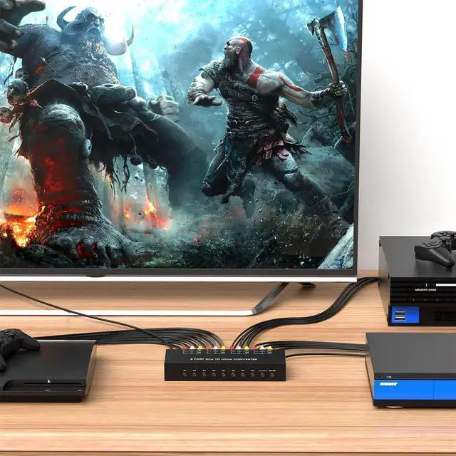Alt view image 5 of 7 - 8 Port RCA to HDMI Converter 1080P/720P RCA Composite CVBS AV Switch to HDMI Converter Adapter Support 4:3/16:9 Switch, for Sega Xbox PS1 PS2 PS3 N64 NGC SNES WII VHS VCR Camera DVD(With Remote