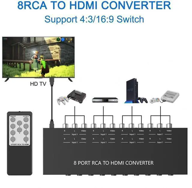 Alt view image 3 of 7 - 8 Port RCA to HDMI Converter 1080P/720P RCA Composite CVBS AV Switch to HDMI Converter Adapter Support 4:3/16:9 Switch, for Sega Xbox PS1 PS2 PS3 N64 NGC SNES WII VHS VCR Camera DVD(With Remote