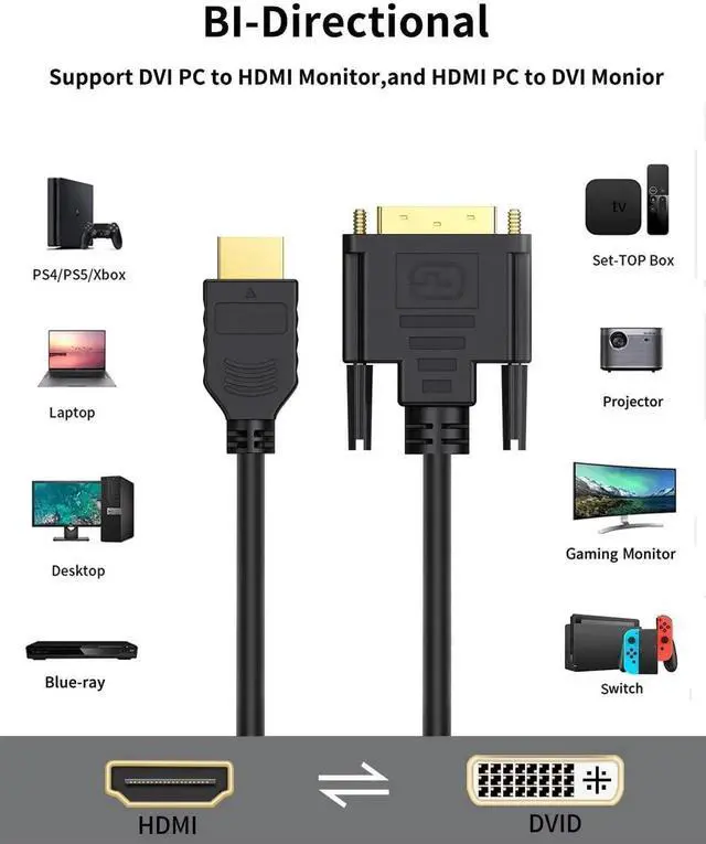 Alt view image 3 of 7 - HDMI to DVI Cable, 0.15 m Bi-Directional HDMI Female to DVI (24+1) Male Adapter Cable, HDMI DVI Conveter, Support 1080P, 3D, Gold-Plated, 0.5 Ft/Black