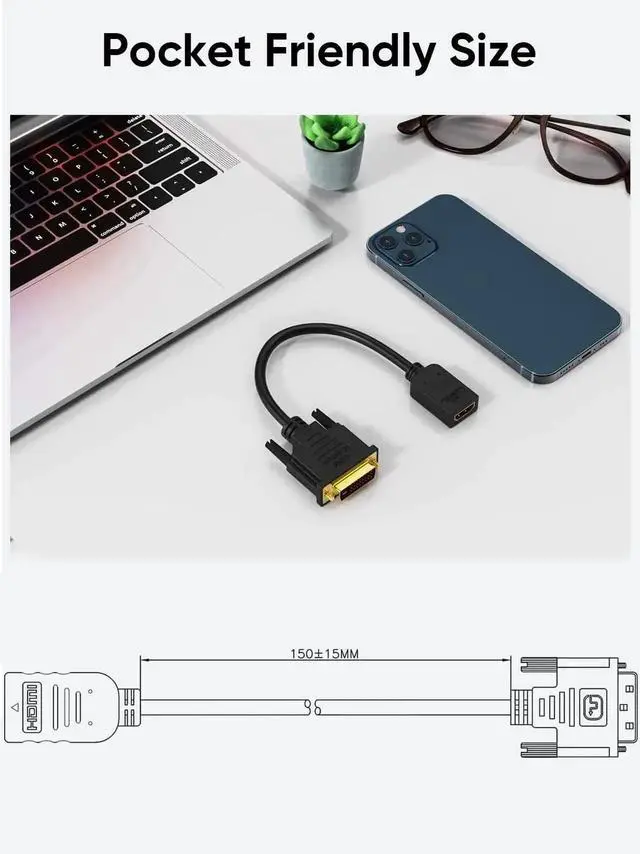 Alt view image 2 of 7 - HDMI to DVI Cable, 0.15 m Bi-Directional HDMI Female to DVI (24+1) Male Adapter Cable, HDMI DVI Conveter, Support 1080P, 3D, Gold-Plated, 0.5 Ft/Black