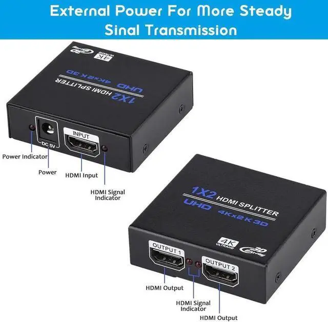 Alt view image 7 of 7 - HDMI Splitter, Duplicate/Mirror, 4K HDMI Splitter 1 in 2 Out [Metal Case, 2Port ] , Powered Splitter, 1 Source to 2 Identical Displays for TV, Projector