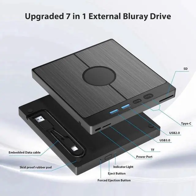 Alt view image 7 of 7 - JAENFONG External Bluray Drive [7 in 1], Portable Blu-ray DVD Burner with USB 3.0/Type-C/SD/TF Card Ports, Support 100G Disc R/W for PC Compatible with Windows XP/7/8/10/11 Mac Laptop Desktop