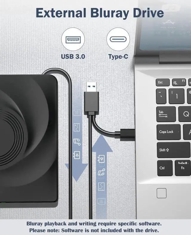 Alt view image 2 of 7 - JAENFONG External Blu-ray Drive, USB 3.0 Type-C Optical External DVD Drive Burner, External Bluray Burner Compatible with Windows/MacOS/Linux Laptop Desktop