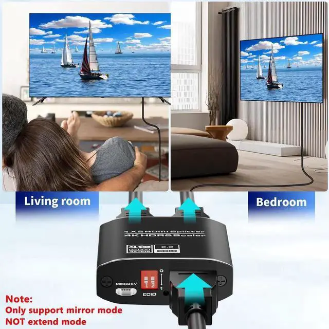 Alt view image 6 of 7 - 1x2 HDMI Splitter, HDR 4K@60Hz HDMI spliter 1 in 2 Out, Supports HDMI 2.0, HDCP 2.2, Mirror Screen Monitors Supports EDID Control for Xbox PS3/4/5 PC DVD Fire Stick Blu-Ray Player TV