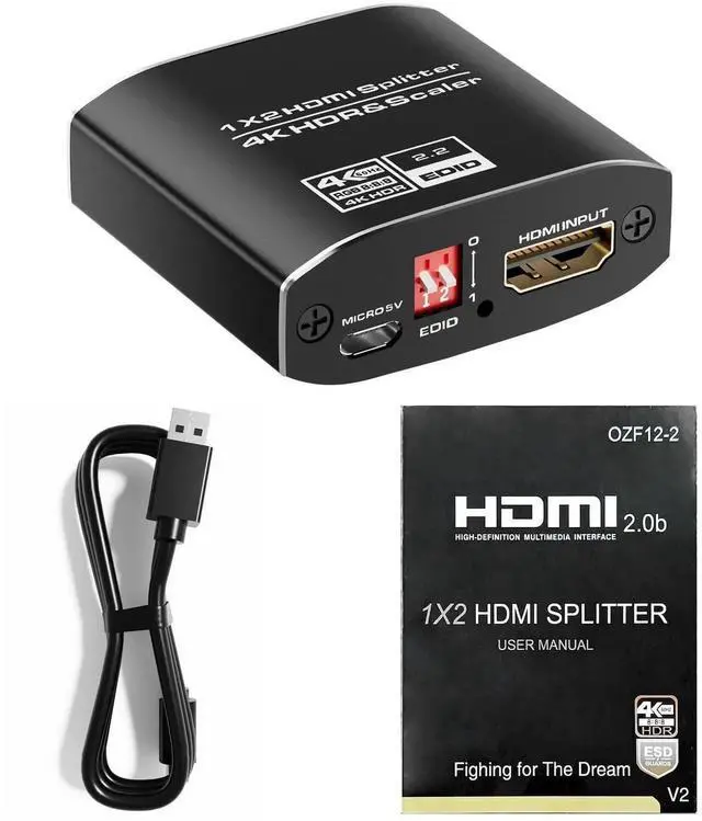 Alt view image 7 of 7 - 1x2 HDMI Splitter, HDR 4K@60Hz HDMI spliter 1 in 2 Out, Supports HDMI 2.0, HDCP 2.2, Mirror Screen Monitors Supports EDID Control for Xbox PS3/4/5 PC DVD Fire Stick Blu-Ray Player TV