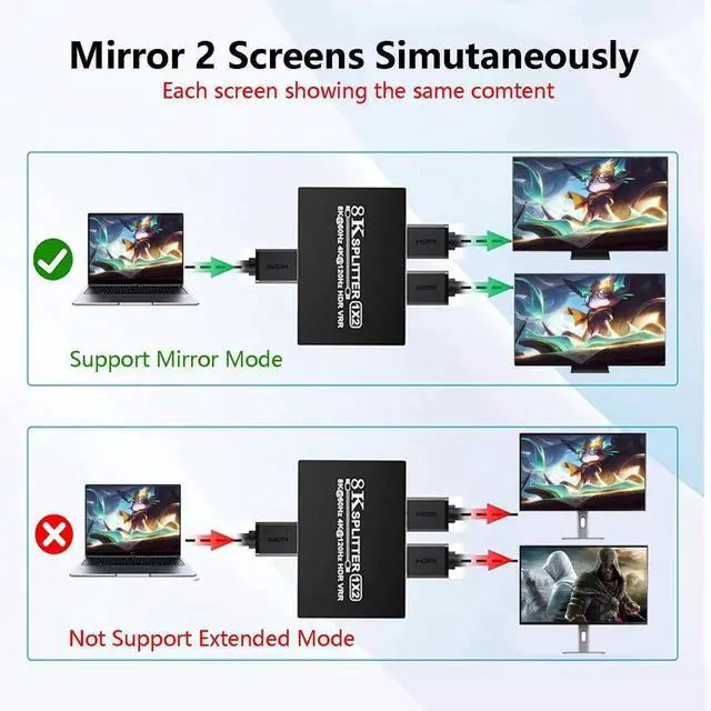 Alt view image 5 of 7 - 8K HDMI 2.1 Splitter 1 in 2 Out, 1x2 HDMI Splitter Support 8K@60hz, 4K@120hz, EDID, 48Gbps, 3D, HDR 10+, HDCP2.3, Dolby Vision, 3.5mm Audio Output, Mirror Dual Monitors for PS5 SkyQ Xbox NVIDIA AMD NS