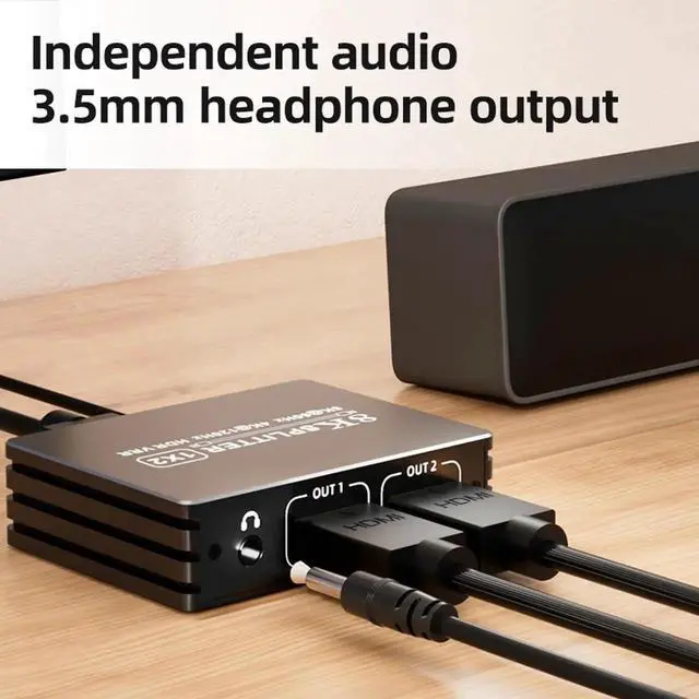 Alt view image 6 of 7 - 8K HDMI 2.1 Splitter 1 in 2 Out, 1x2 HDMI Splitter Support 8K@60hz, 4K@120hz, EDID, 48Gbps, 3D, HDR 10+, HDCP2.3, Dolby Vision, 3.5mm Audio Output, Mirror Dual Monitors for PS5 SkyQ Xbox NVIDIA AMD NS