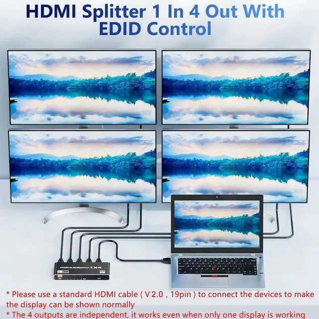 Alt view image 2 of 7 - HDMI 2.0 Splitter 1 in 4 Out, Vszerda 1x4 HDMI Splitter 4K@60Hz 8:8:8 HDR, HDMI 2.0, HDCP 2.2, 18Gbps, Auto EDID, Supports UHD 3D D-o-l-b-y 4 Ports Mirror Mode and Multichannel Audio Streams