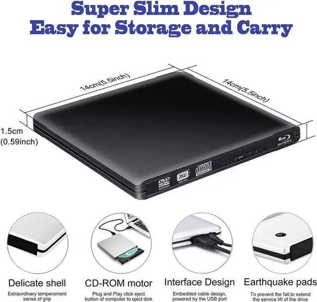 Alt view image 7 of 7 - JAENFONG USB 3.0/USB-C External Blu-Ray DVD/BD/CD Drive, Portable Ultra-Thin 3D Blu-ray Player/Writer/Burner for The MacBook Pro Air, Apple Mac and So On Various Brand Computer Desktop, Laptop, Black
