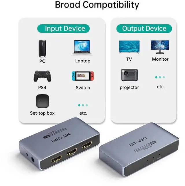 Alt view image 6 of 7 - MT-VIKI HDMI 2.1 Splitter 1x2, 8K@60Hz & 4K@120Hz Duplicator, 40Gbps High Speed, HDCP 2.3, Aluminum Casing Mirror Dual Displays (Non-Bidirectional, EDID Management)