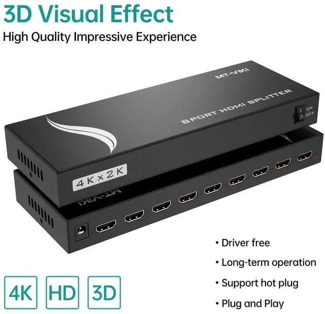 Alt view image 4 of 7 - MT-VIKI 4K 1x8 HDMI Splitter 1 in 8 Out, 8 Port Powered HDMI Splitter Multi Monitor Outputs 3D 4Kx2K@30Hz for Projector, HDTV