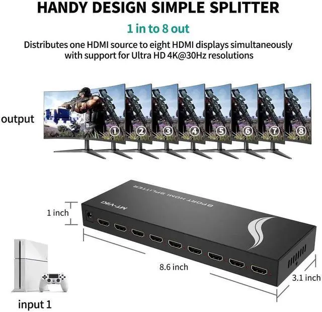 Alt view image 5 of 7 - MT-VIKI 4K 1x8 HDMI Splitter 1 in 8 Out, 8 Port Powered HDMI Splitter Multi Monitor Outputs 3D 4Kx2K@30Hz for Projector, HDTV
