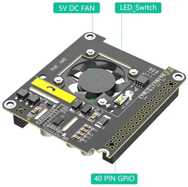 Alt view image 4 of 7 - JAENFONG For Raspberry Pi 5 POE Ethernet Power Supply Module with Fan RGB Light 802.3af/At M.2 NVME to Pcie Adapter