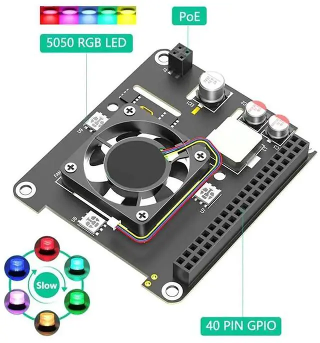 Alt view image 2 of 7 - JAENFONG For Raspberry Pi 5 POE Ethernet Power Supply Module with Fan RGB Light 802.3af/At M.2 NVME to Pcie Adapter