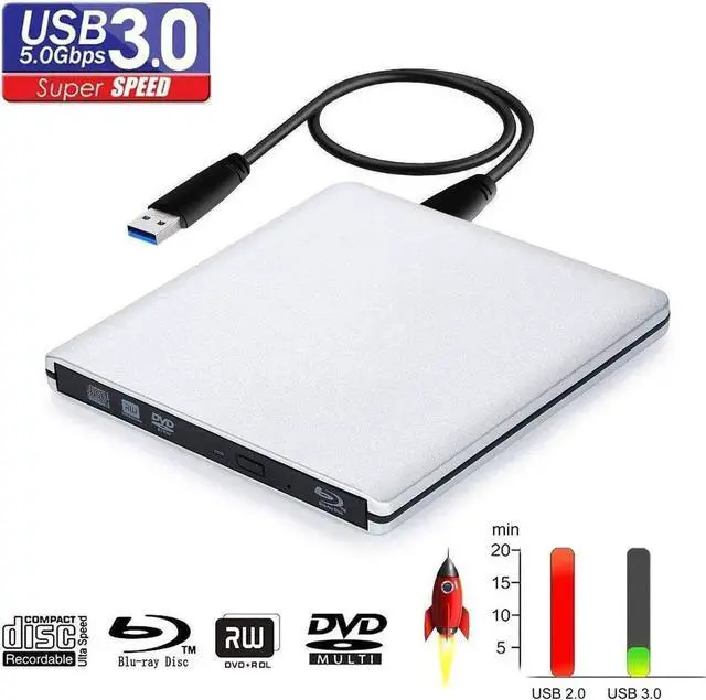 Main image of JAENFONG External Blu Ray DVD Drive , USB 3.0 Burner Slim Optical Portable Blu-ray CD DVD Reader Writer RW Player for Laptop Desktop MacBook OS Windows 7 8 10 PC iMac Laptop (Silver)