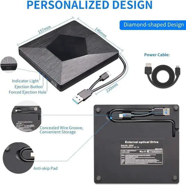 Alt view image 2 of 7 - JAENFONG External 3D Blu Ray DVD Drive Burner, Wihool Ultra Slim USB 3.0 and Type-C Blu Ray BD CD DVD Burner Player Writer Reader Disk for Mac OS, Windows xp/7/8/10, Laptop PC (Black)