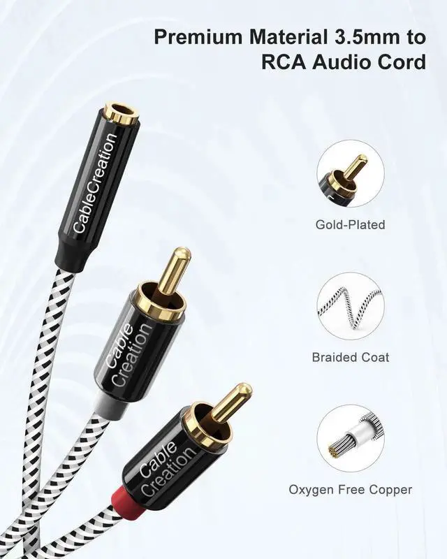 Alt view image 5 of 7 - JAENFONG 3.5mm to RCA Cable, 3.5mm Female to 2RCA Male Stereo Audio Cable Gold Plated for TV,Smartphones, MP3, Tablets, Speakers,Home Theater,Black and White, 3FT/1M