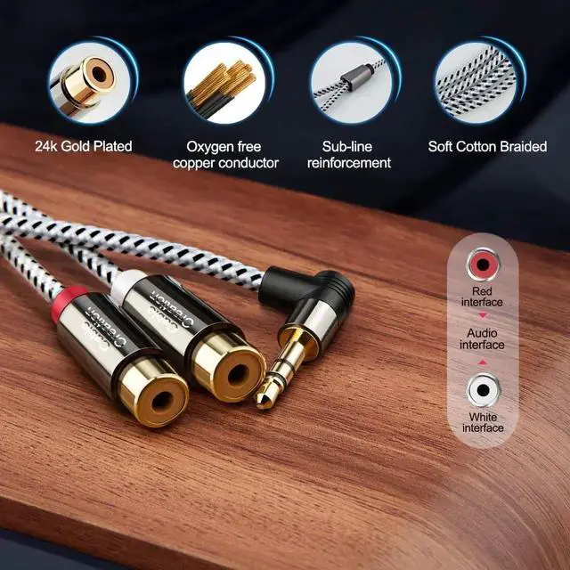 Alt view image 5 of 7 - JAENFONG 3.5mm to 2RCA Female Cable, Angle 3.5mm Mini-Jack to RCA Stereo Audio Y Cable Gold Plated, Compatible with iPhone,iPod,MP3,Tablets,HiFi Stereo System, Speaker,3FT/0.92M