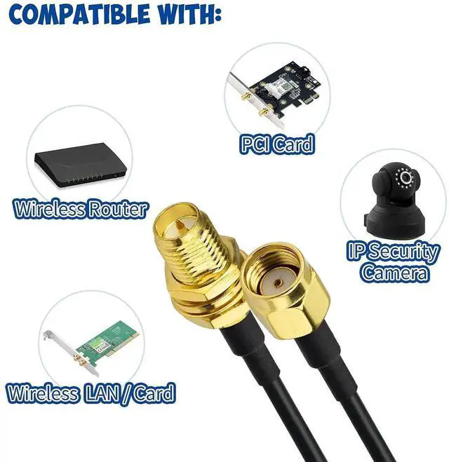 Alt view image 6 of 7 - WiFi Antenna Extension Cable 2-Pack RP-SMA Male to RP-SMA Female Bulkhead Mount RG174 Cable 3m 10 feet for WiFi Router Security IP Camera Wireless Network Card Adapter