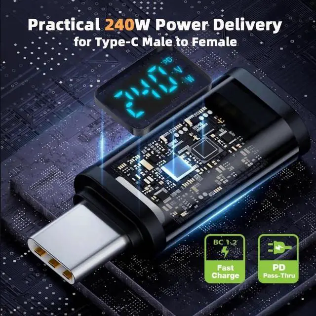 Alt view image 2 of 7 - Adapter 240W Type-C Smart LED Display USB4 Male to Female Extension Adapter USB4.0 40Gbps Current Voltage Monitoring Tester Detector