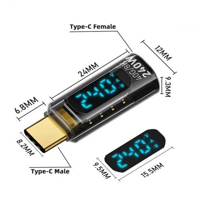 Alt view image 5 of 7 - Adapter 240W Type-C Smart LED Display USB4 Male to Female Extension Adapter USB4.0 40Gbps Current Voltage Monitoring Tester Detector