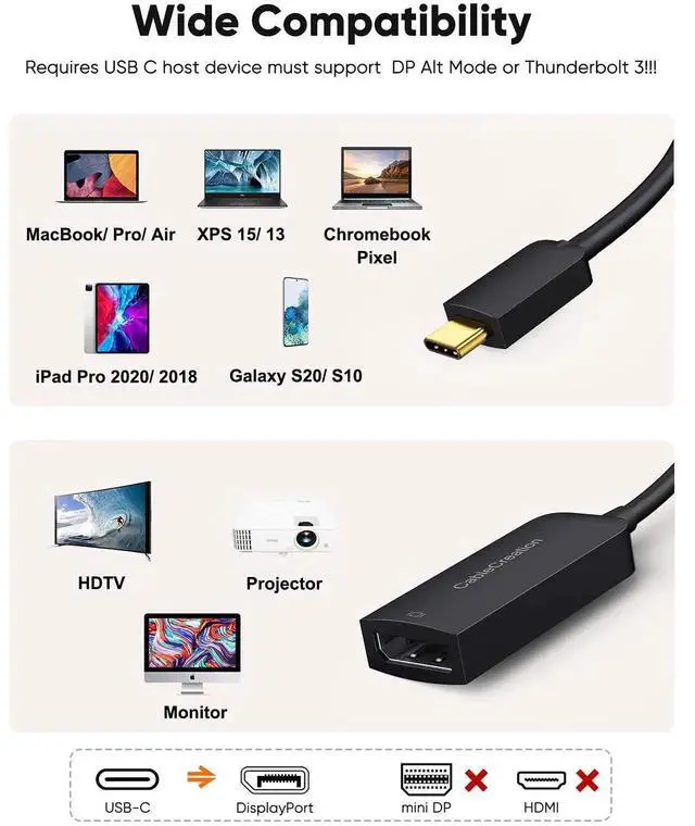 Alt view image 3 of 7 - 8K USB C to DisplayPort Adapter, 40G Type C to Display Port,USB-C to DP 1.4 [8K@60Hz, 4K@144Hz] HDR, Thunderbolt 4/3 Compatible with Valve Index, MacBook, iPhone 15, XPS, Oculus Rift S