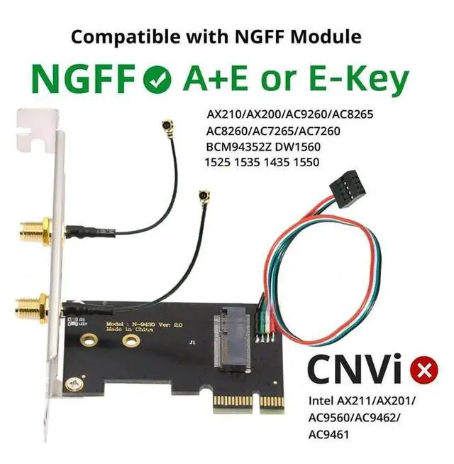 Alt view image 7 of 7 - JAENFONG Card Wireless NGFF A/E-Key WiFi Card to PCI-E Express 1x Adapter for WLAN Wifi6 Wifi7 Bluetooth (PCIE to A+E)