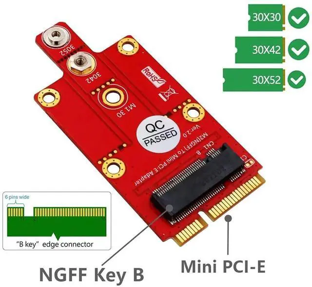 Alt view image 6 of 6 - JAENFONG M.2 NGFF Key B to Mini PCI-E Adapter Card with Screw Kit for 3G / 4G / 5G Module Support 3042/3052 Type M2 Key B Card Dimension