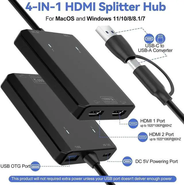 Alt view image 4 of 7 - USB to HDMI Adapter [1080P Full HD] HDMI Splitter for Dual Monitors USB 3.0 to Extended Display Converter 1 in 2 Out Multiple Screen Extender for MacOS/Windows 11/10/8/7 Laptops