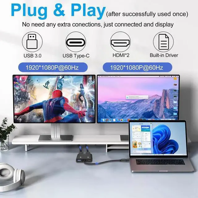 Alt view image 3 of 7 - USB to HDMI Adapter [1080P Full HD] HDMI Splitter for Dual Monitors USB 3.0 to Extended Display Converter 1 in 2 Out Multiple Screen Extender for MacOS/Windows 11/10/8/7 Laptops