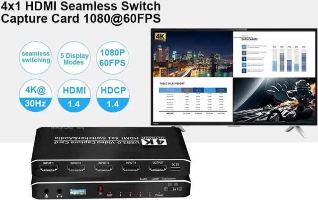 Alt view image 7 of 7 - 4K@30Hz 4x1 HDMI Video Capture Card Seamless Switch with Mic & 3.5mm Audio 4K 30fps Board Game Capture Card USB3.0 Recorder Box Device for Live Streaming Video Recording Loop Out